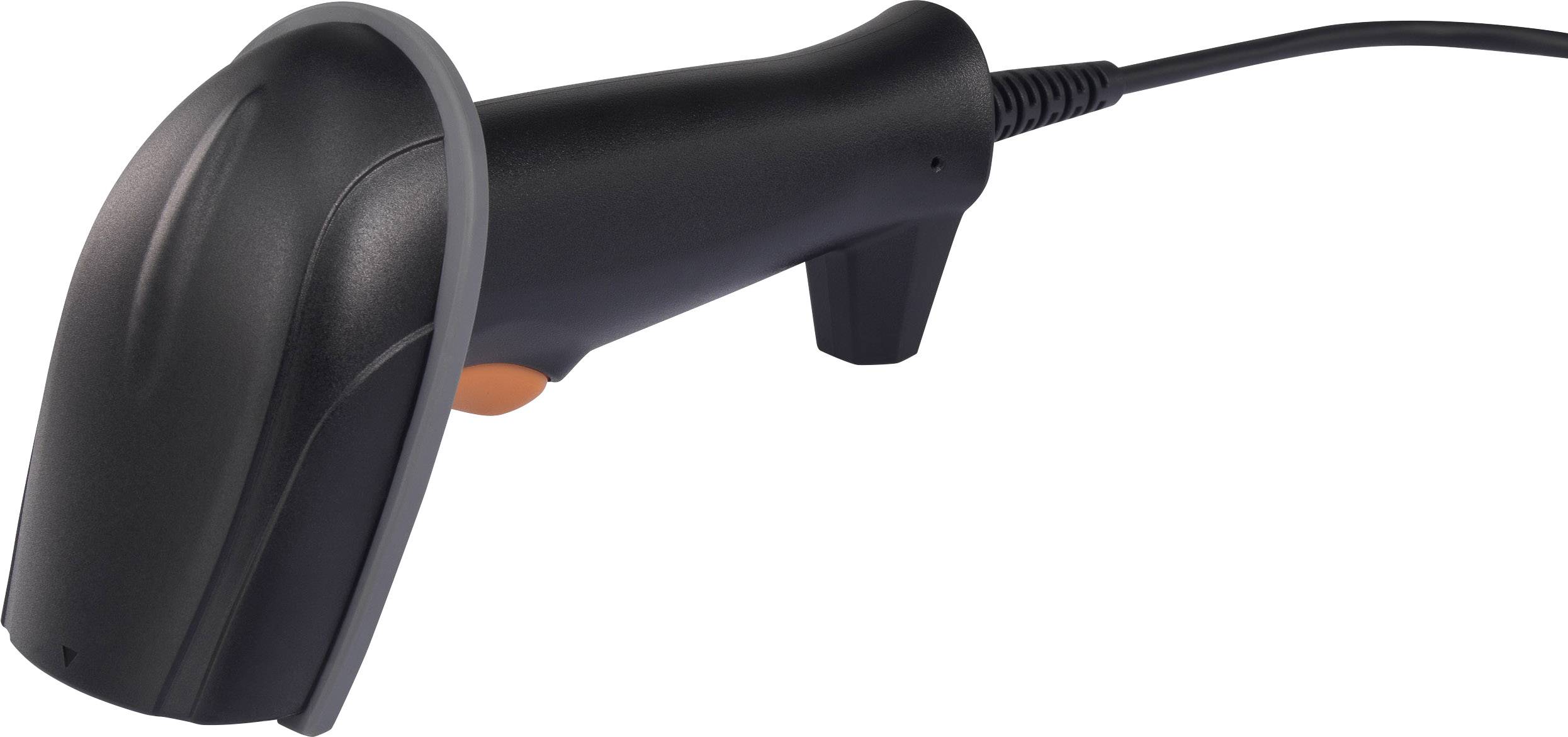 Ein schwarzer Handscanner mit Kabel, geeignet zum Erfassen von Barcodes in Einzelhandel oder Lagerumgebungen.