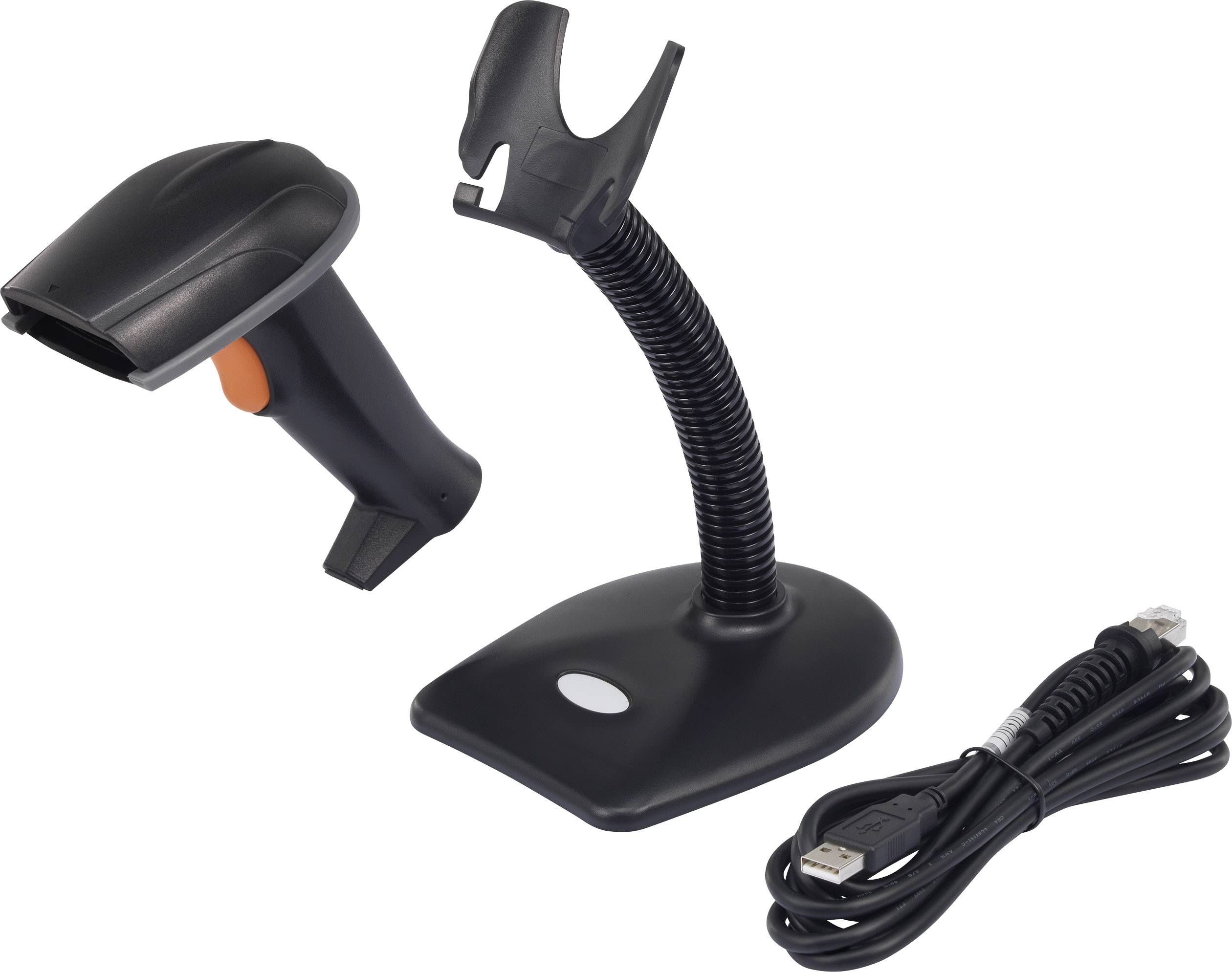 Ein schwarzer Handscanner mit USB-Kabel und einem Halteständer, geeignet für den Barcode-Scan in einem Geschäft oder Lagerumfeld.