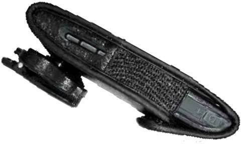 Eine schwarze drahtlose Ohrmuschel mit Clip, seitlich abgebildet, zeigt die Struktur und Form des Geräts.