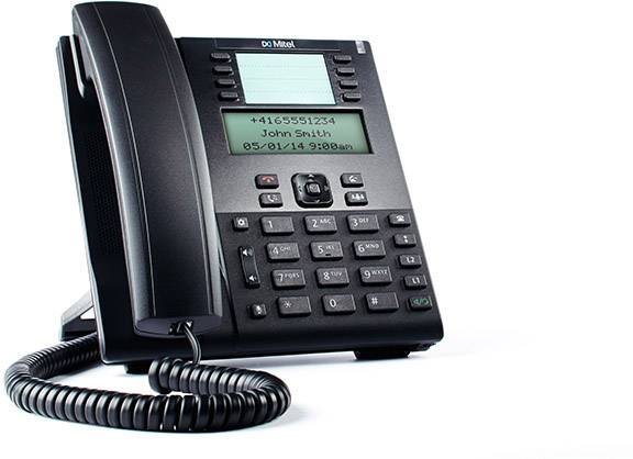 Büro-Tischtelefon mit digitalem Display zeigt Telefonnummer '+4165551234', Name 'John Smith' und Datum/Uhrzeit '05/01/14 9:00am'.