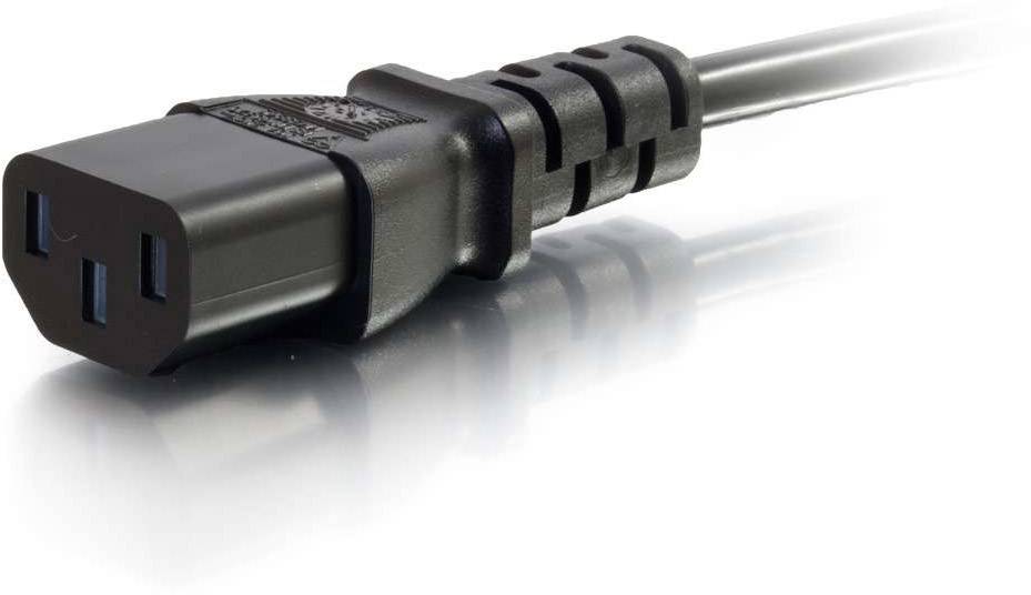 Ein schwarzes Netzkabel mit IEC-C13-Stecker, häufig verwendet zur Stromversorgung von Computern und Peripheriegeräten.