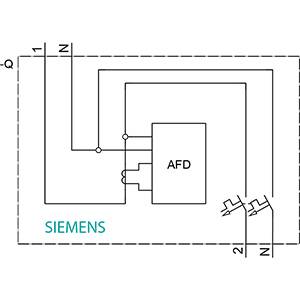 Schaltsymbol des AFDD von Siemens mit Schalter, der zwei Stromkreise verbindet. AFD markiert die Fehlerlichtbogen-Schutzeinrichtung.