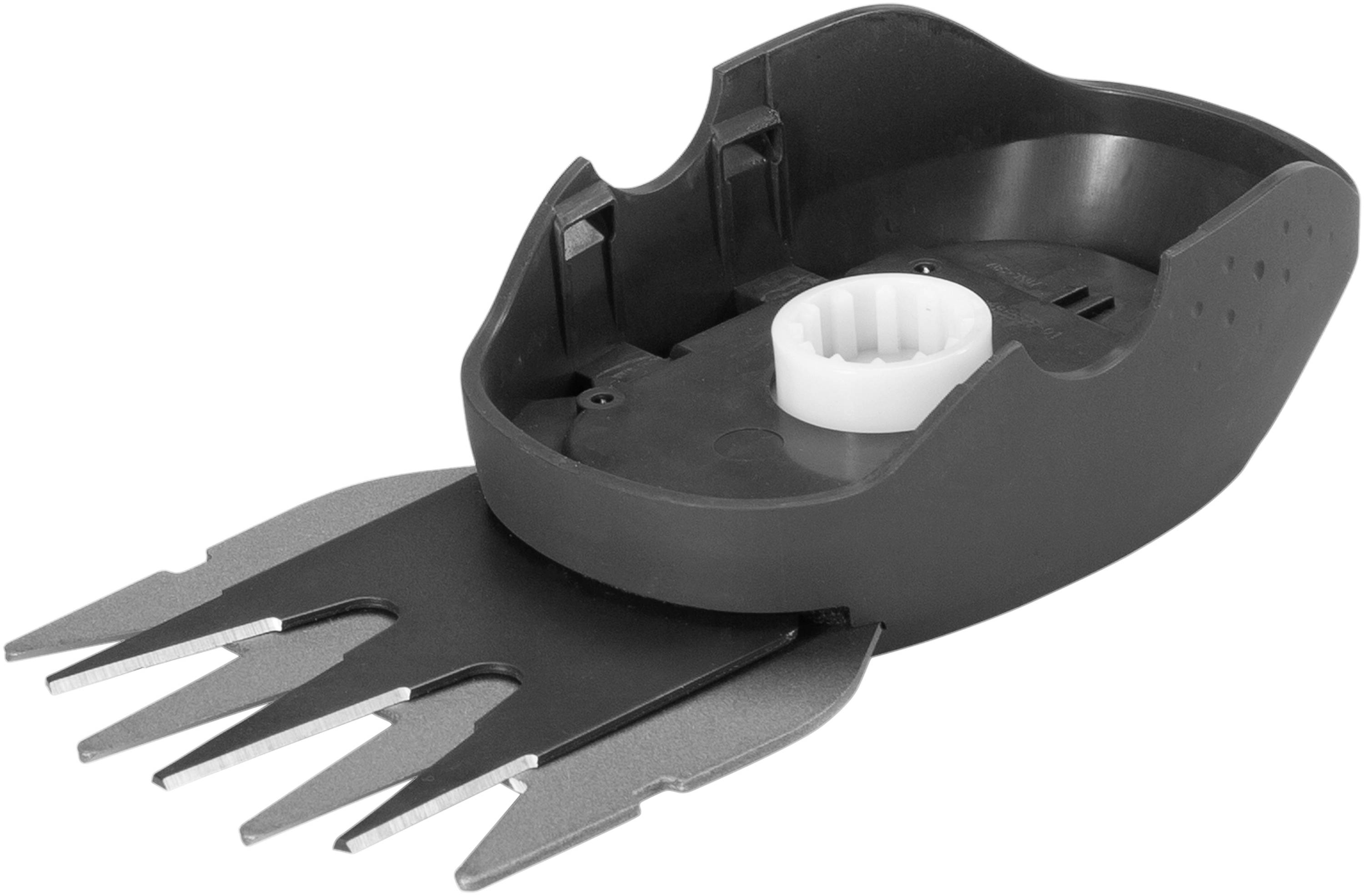 Schwarze Scherkopfaufsatz für einen elektrischen Rasentrimmer, mit mehreren Metallklingen für präzises Schneiden.