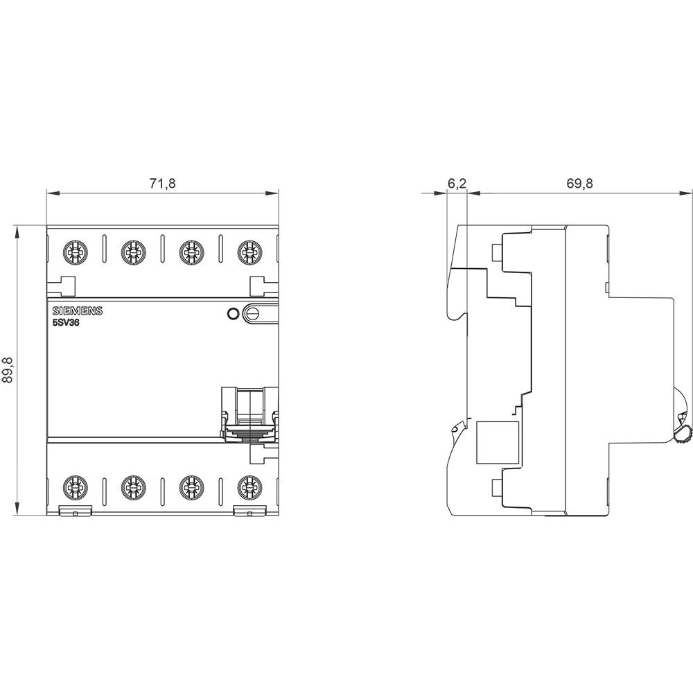Technische Zeichnung eines elektrischen Bauteils mit Abmessungen: 88,8 x 71,8 x 69,8 mm. Front- und Seitenansicht sind dargestellt.