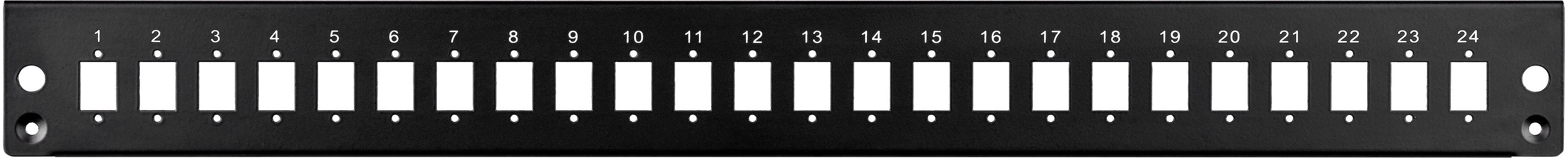 Ein schwarzes Patchpanel mit 24 nummerierten Ports in zwei Reihen. Jeder Port ist mit einer weißen Beschriftungsfläche darüber markiert.