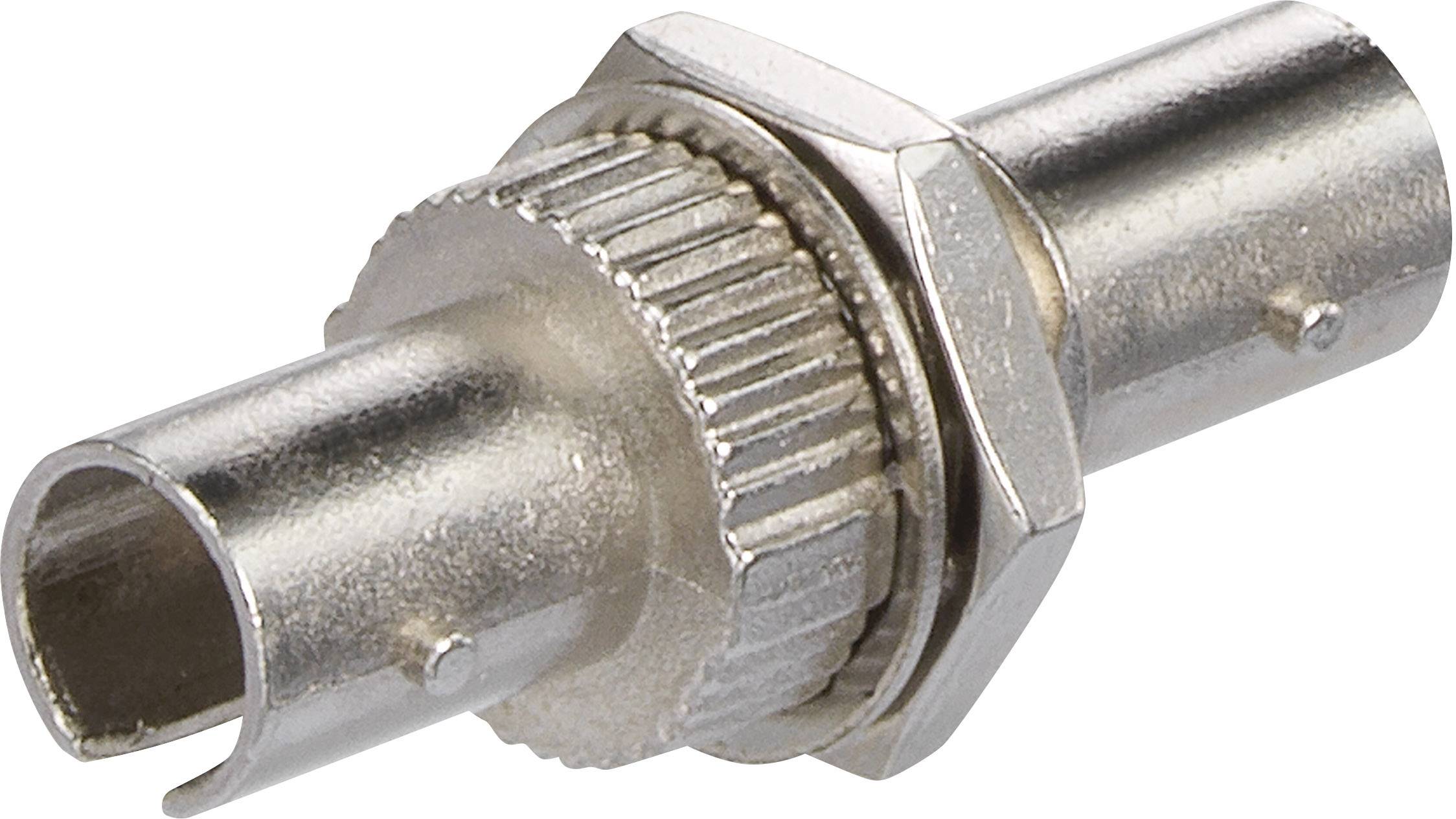 Ein silberner koaxialer RF-Steckadapter mit sechseckiger Mutter und geriffeltem Griff, typisch für Antennenverbindungen.