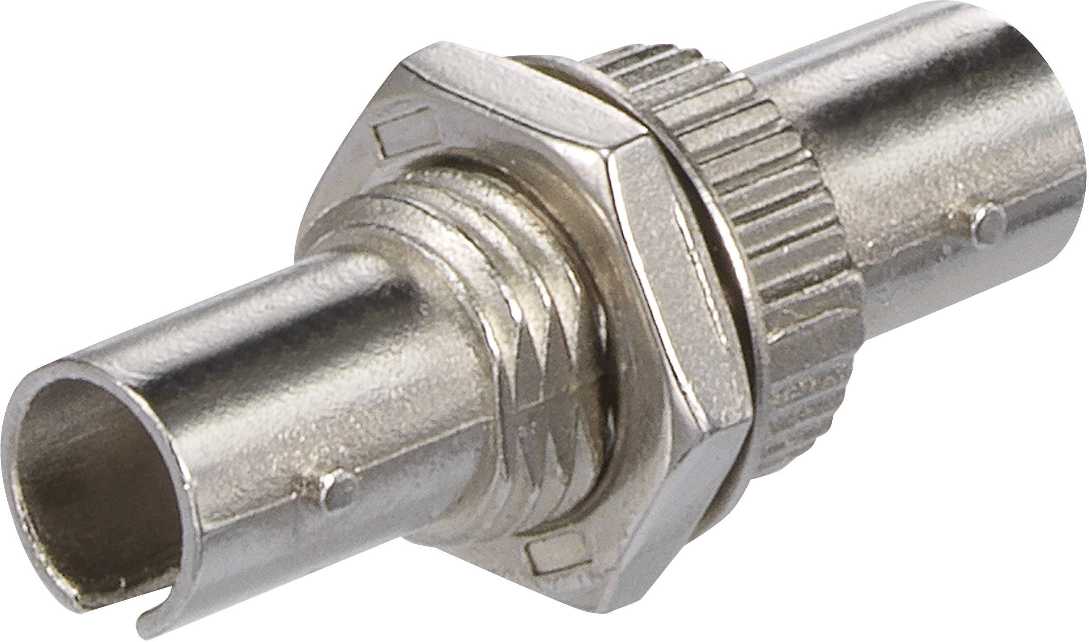 Metallischer Adapterstecker mit zylindrischer Form und Gewinde, geeignet für elektronische Verbindungen.