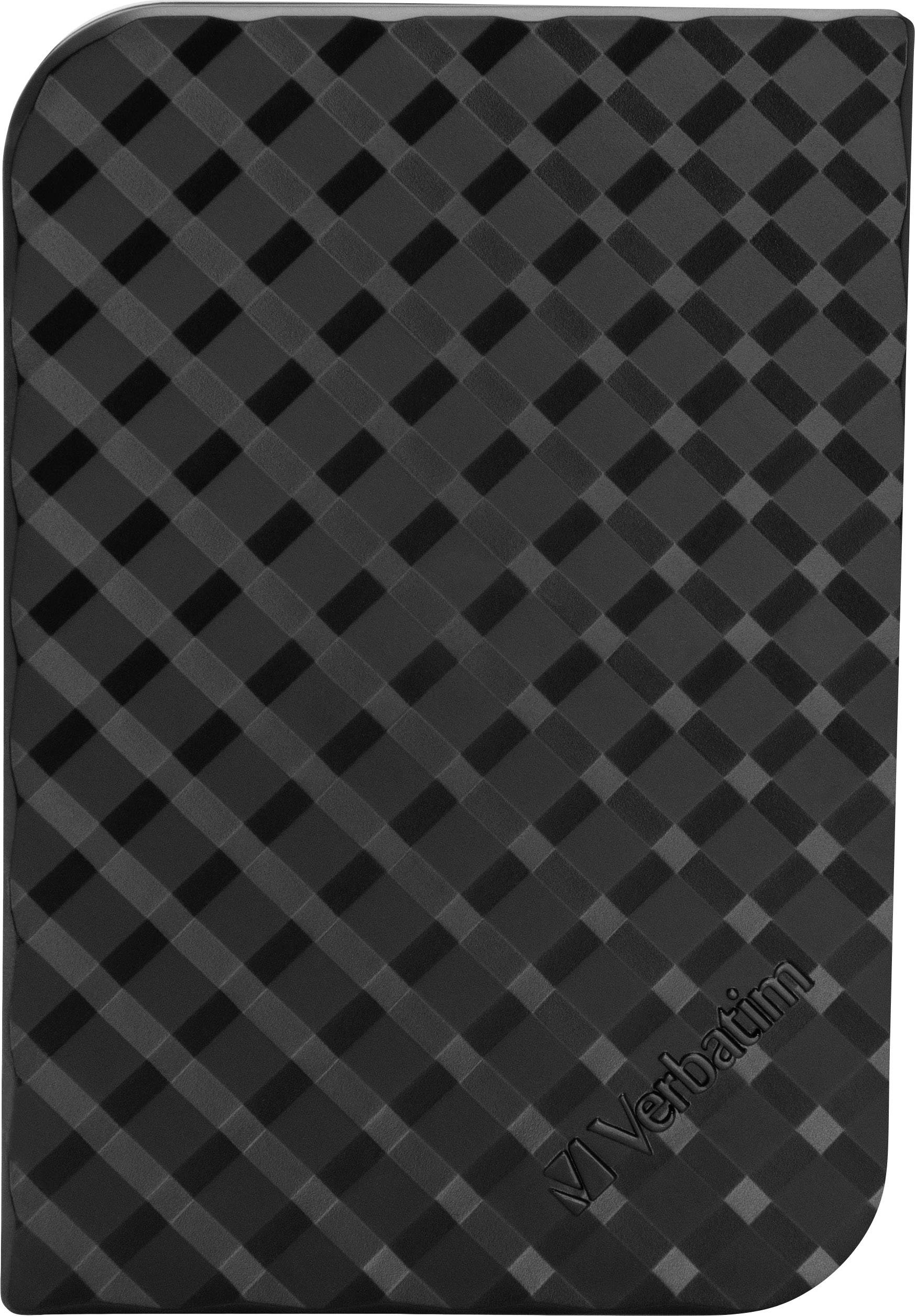 Externe Festplatte mit schwarzem, kariertem Design und dem Logo 'Verbatim' auf der Vorderseite. Geeignet für Datenspeicherung.