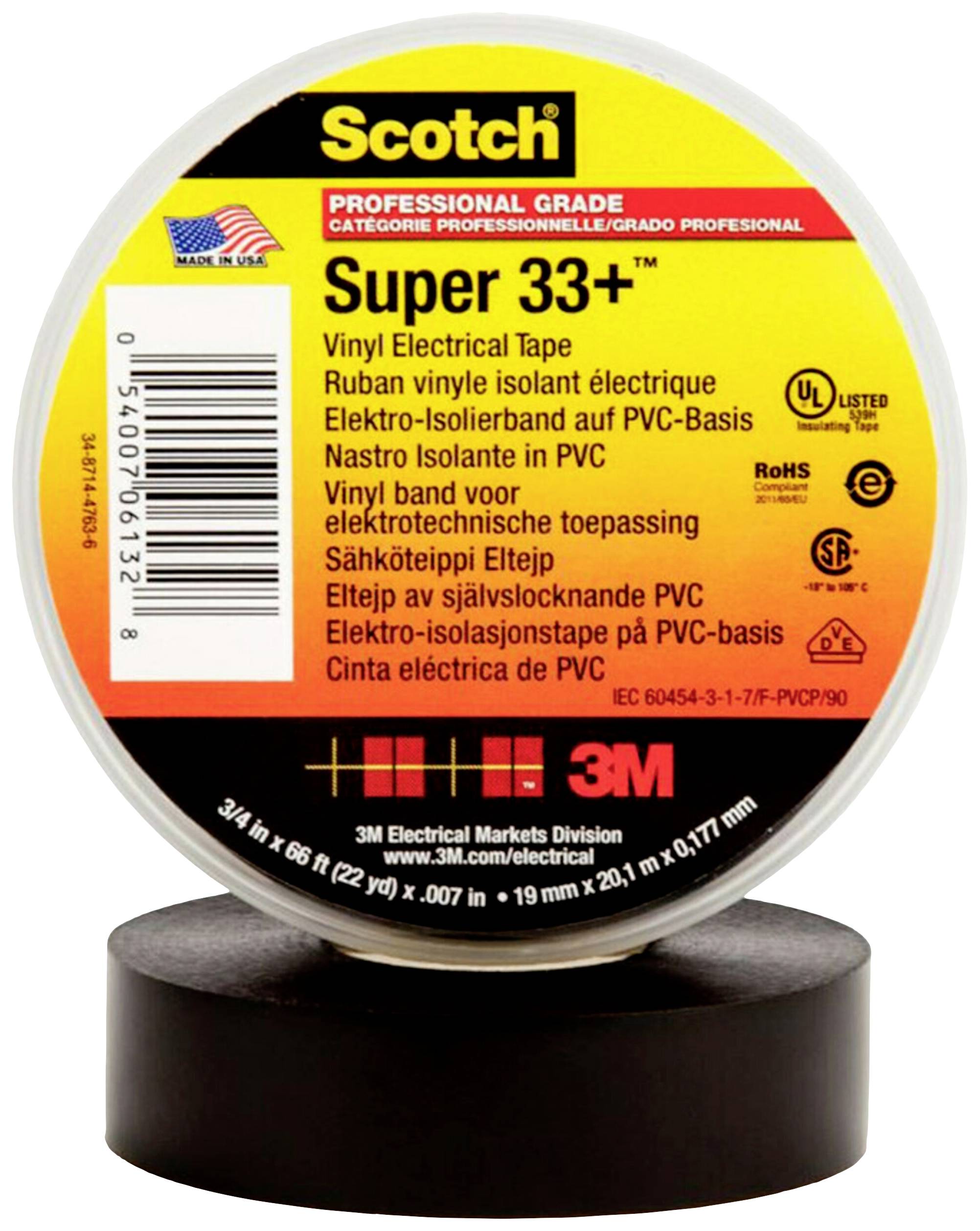 Scotch Super 33+ Vinyl Electrical Tape', rund. Anwendungen: elektrische Isolation, UV-beständig, geeignet für -18°C bis 105°C.