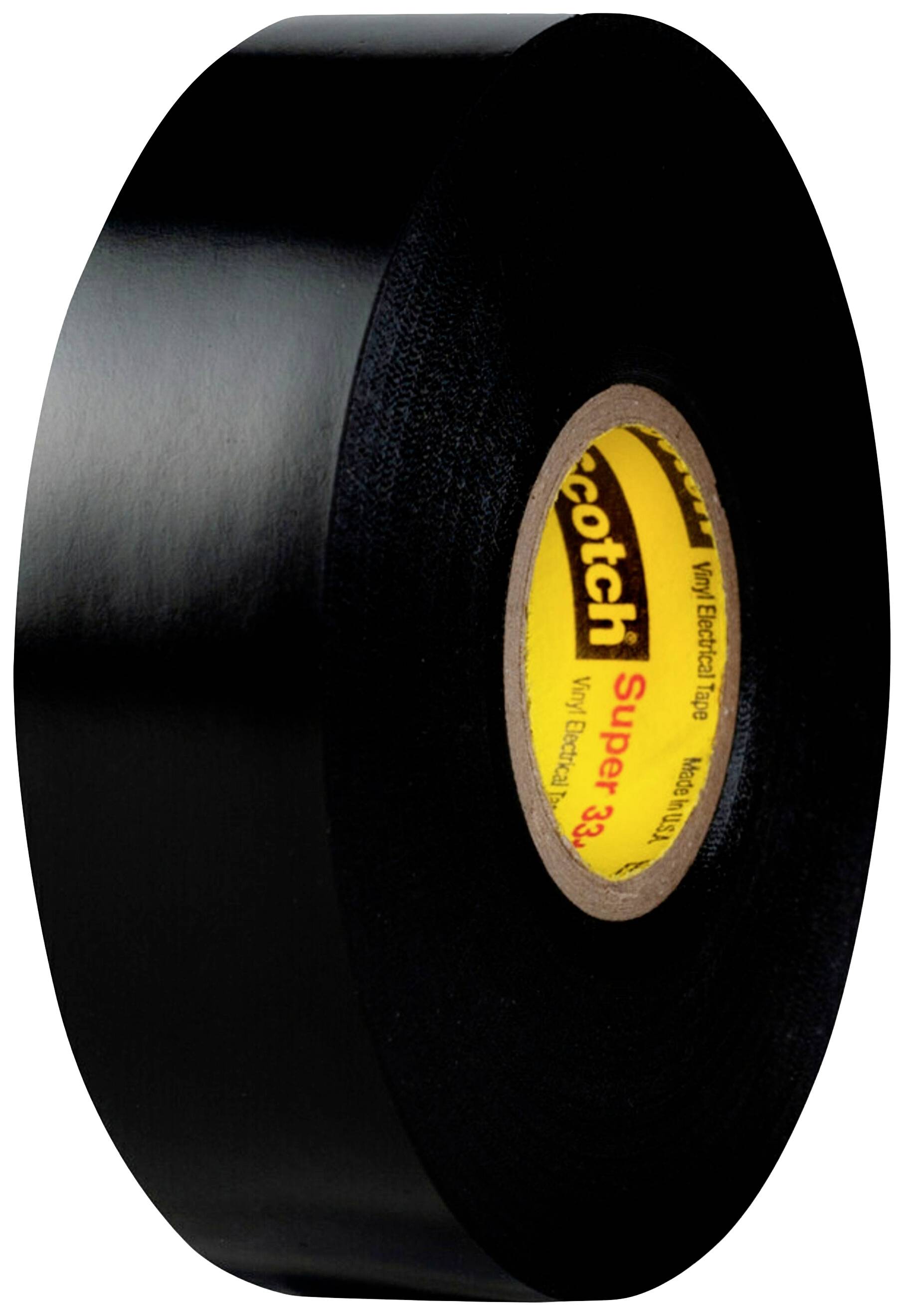 Schwarzes Vinyl-Isolierband aufgerollt, gelber Innenring mit rotem Text 'Scotch Super 33+'.
