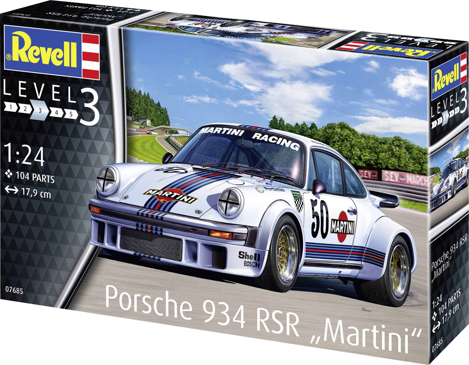 Verpackung eines Modellbausatzes des Porsche 934 RSR 'Martini' im Maßstab 1:24 mit Rennoptik. Enthält 104 Teile, Stufe 3.