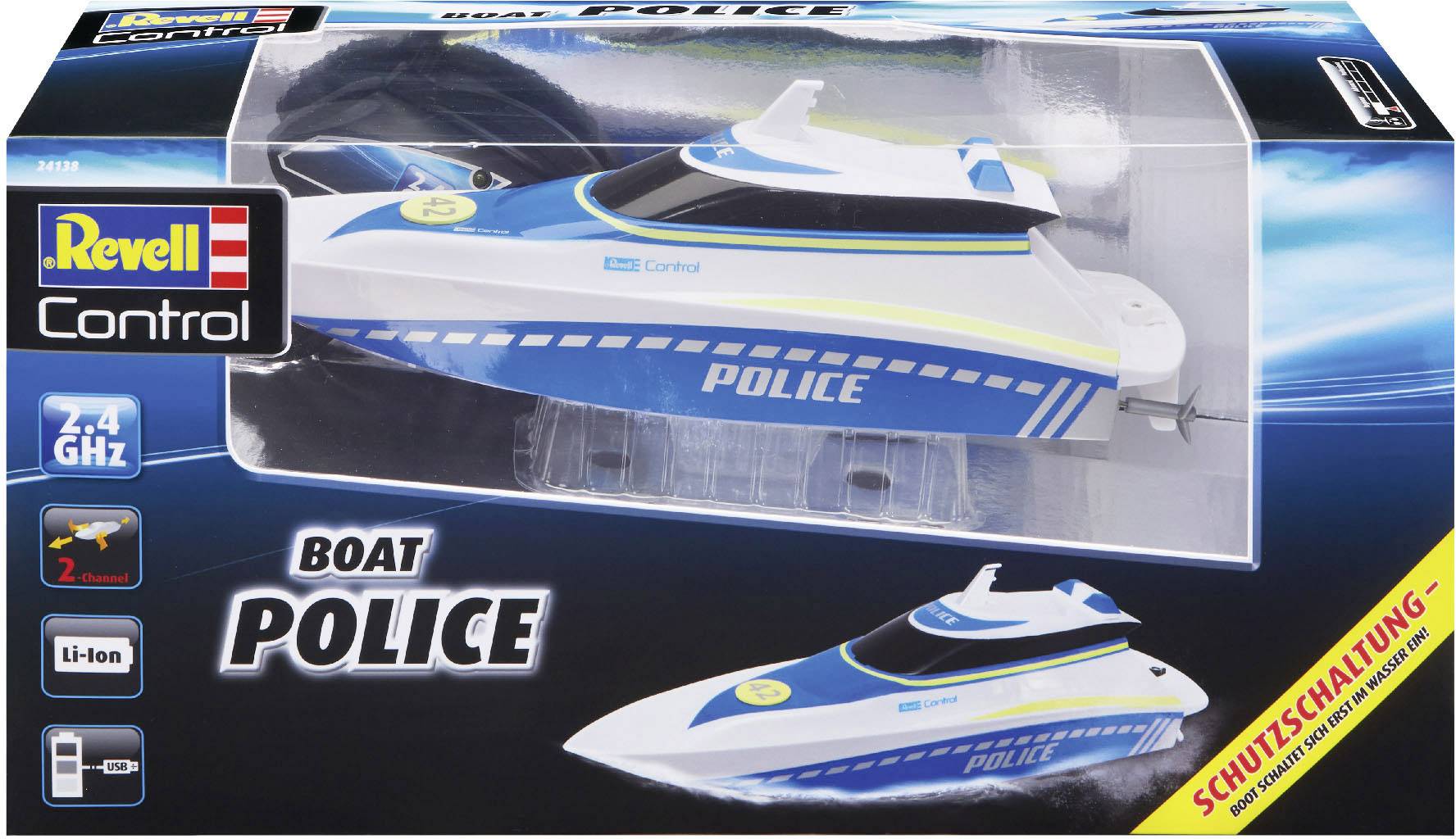Ferngesteuertes RC-Polizeiboot im Karton, Marke 'Revell', 2,4 GHz Kontrolle, Li-Ion Akku, altersgerechte Empfehlung ab 8 Jahren.