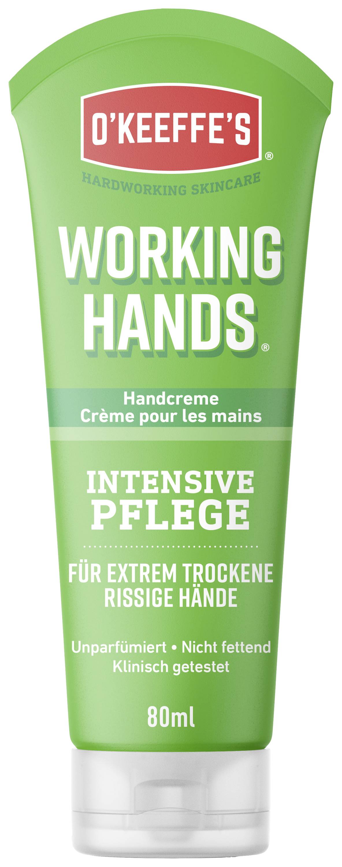 Grüne Tube der Handcreme 'O'Keeffe's Working Hands' mit 80ml. Beschriftet mit 'Intensive Pflege für extrem trockene, rissige Hände'.
