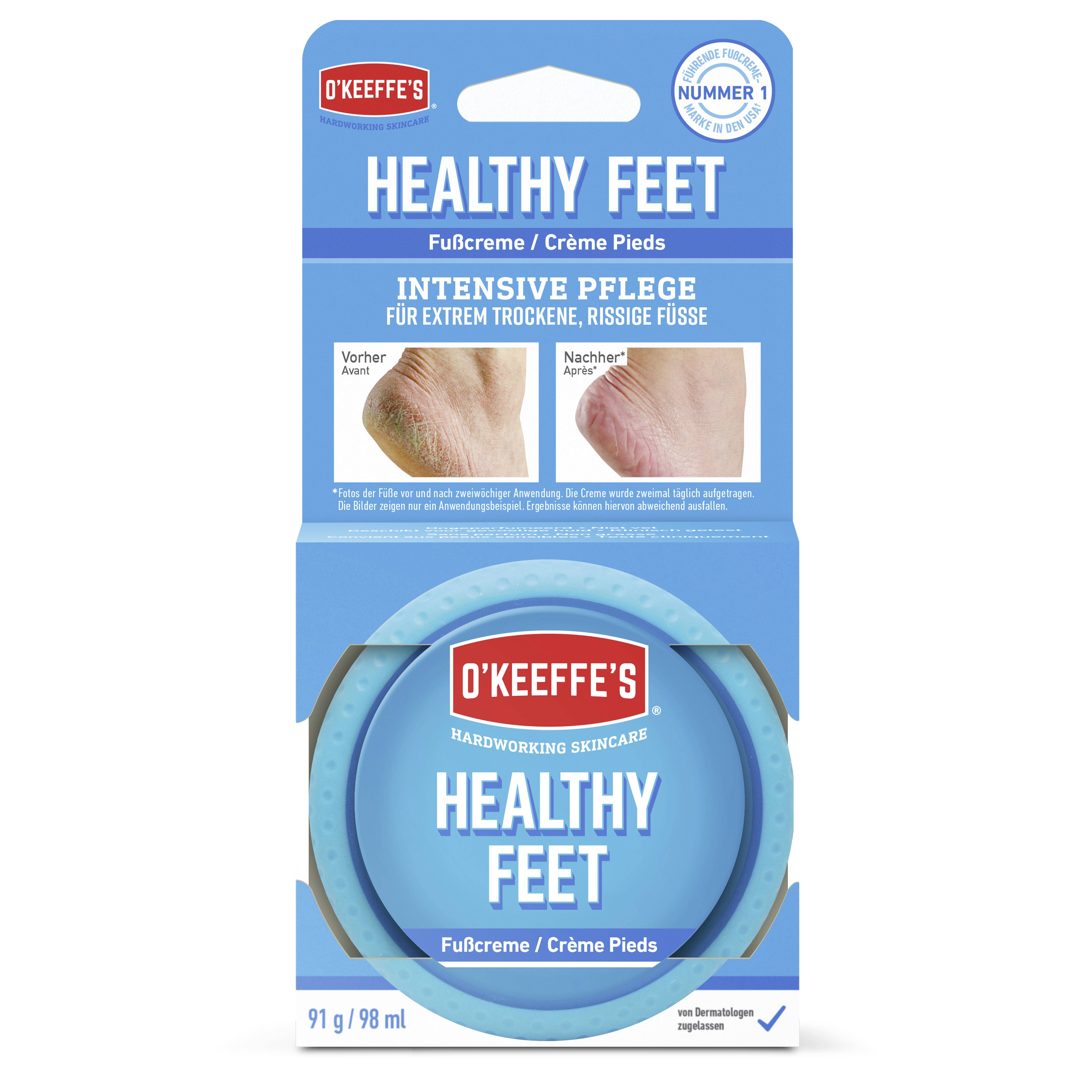 'Verpackung von O'Keeffe's Healthy Feet Creme, zeigt Vorher-Nachher-Bilder für trockene, rissige Füße, verspricht intensive Pflege.'