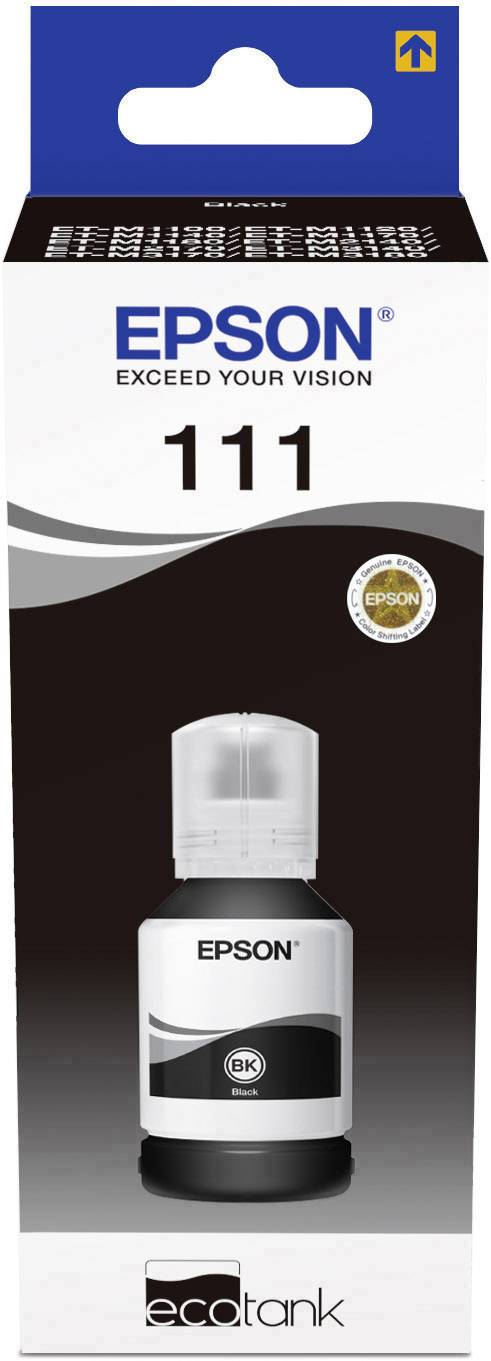 Tintenflasche Epson 111 in schwarz auf der Verpackung. Oben das Logo 'EPSON', darunter 'EXCEED YOUR VISION', und ein Symbol für EcoTank.