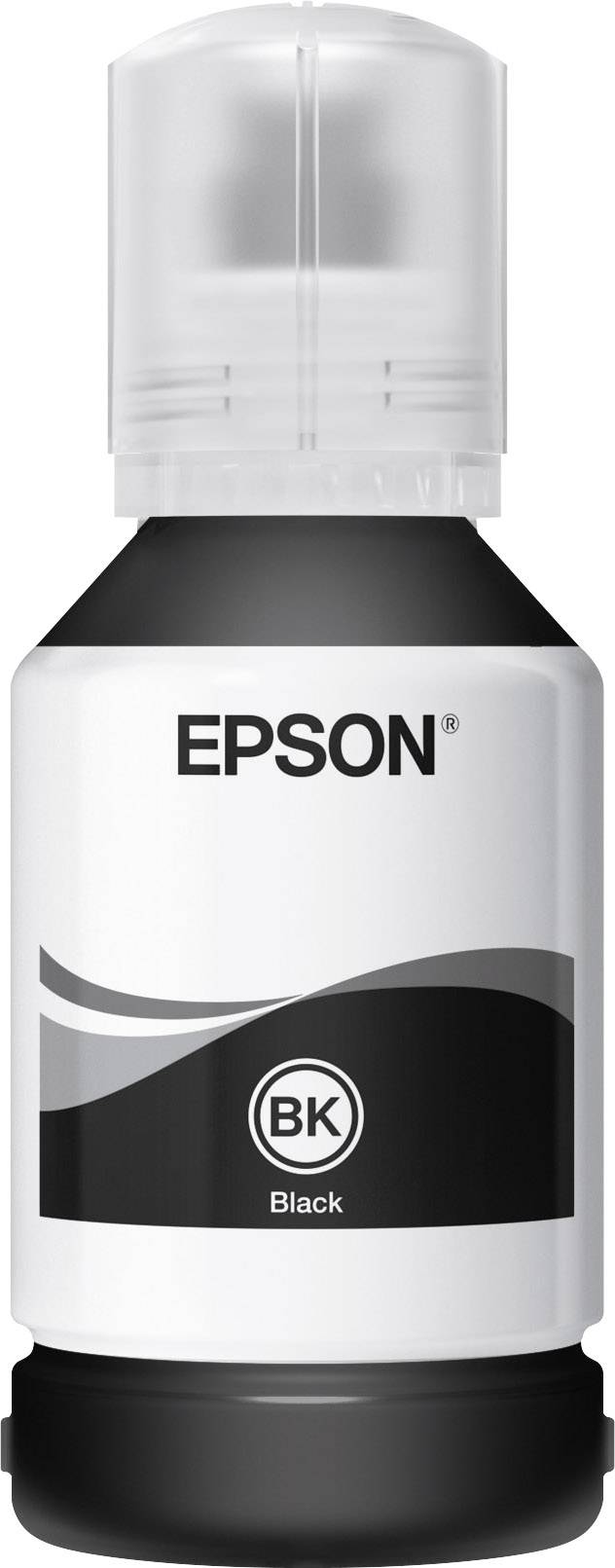 Nachfülltintenflasche von Epson, Schwarz, mit sichtbarem Logo und schwarzem Etikett; für Drucker geeignet.