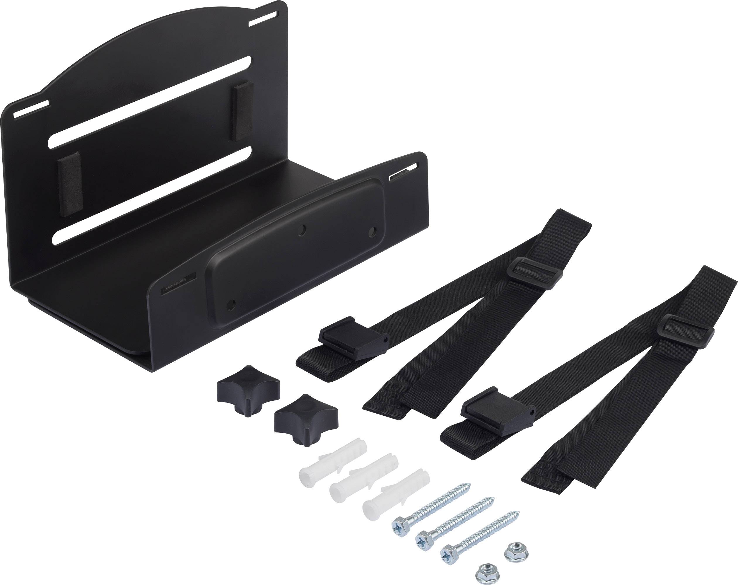 Schwarzes Wandmontage-Kit mit Halterung, Gurten, Schrauben und Dübeln zur sicheren Anbringung eines Geräts.