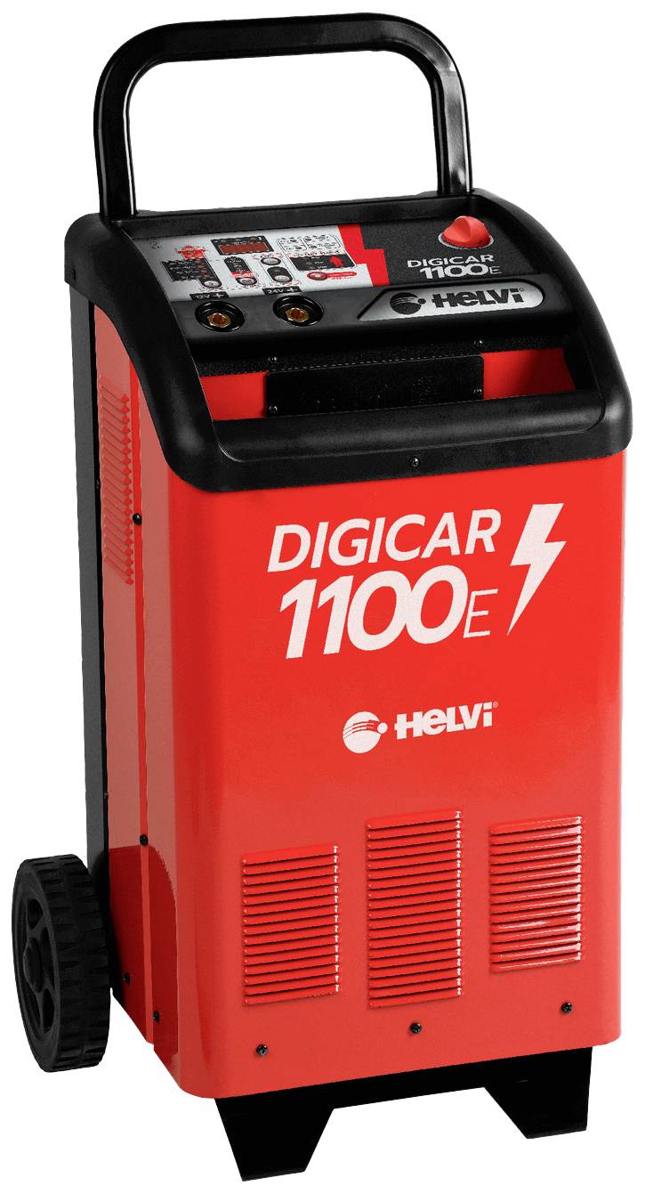 Ein rotes Batterieladegerät mit der Aufschrift 'DIGICAR 1100E' von Helvi, auf zwei Rädern für einfache Mobilität.