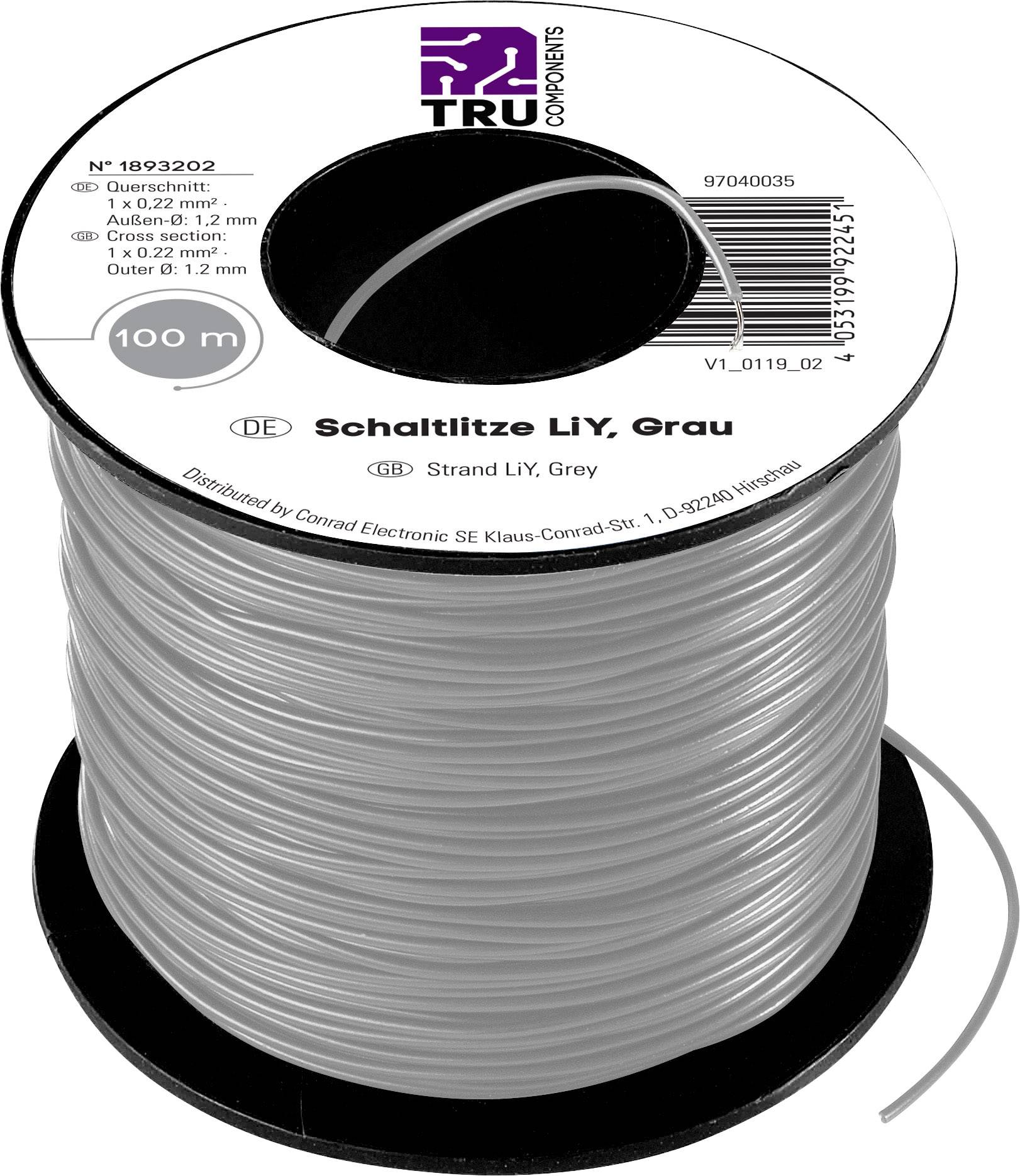 Eine Rolle graues Schaltdraht mit der Bezeichnung 'Schaltlitze LiY, Grau'. Länge: 100m, Ø 1,2mm². Hersteller: TRU Components.