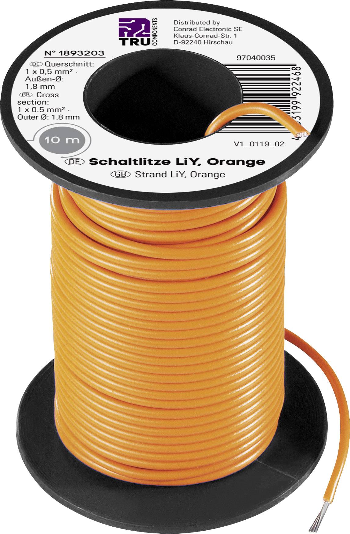 Orangefarbene Schaltdrahtrolle, Abschnitt 1 x 0,5 mm², Länge 10 m, Außendurchmesser 1,8 mm, auf schwarzer Spule für Elektronik.
