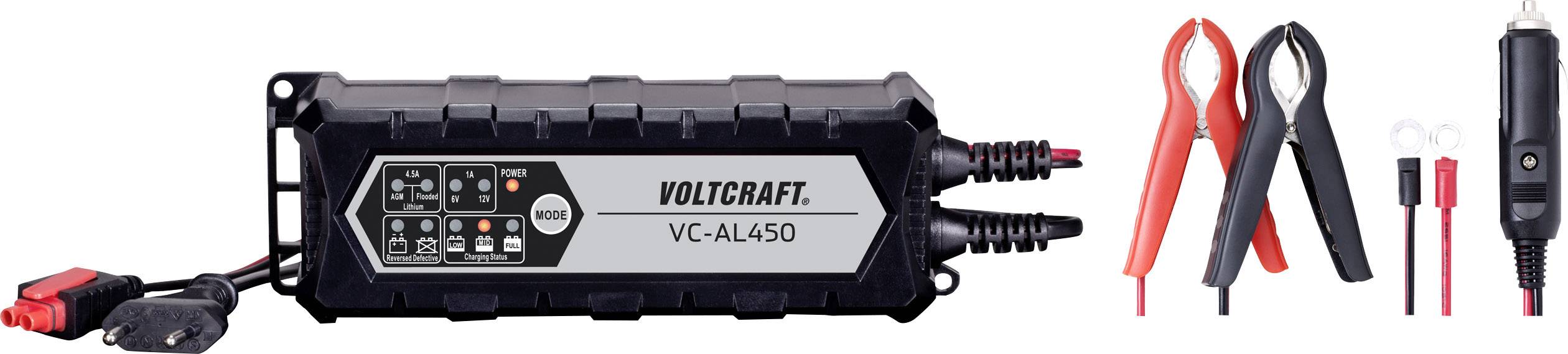 Ladegerät Voltcraft VC-AL450 für Autobatterien, mit Klemmen und Adapterzubehör. Geeignet für verschiedene Anschlussmöglichkeiten.