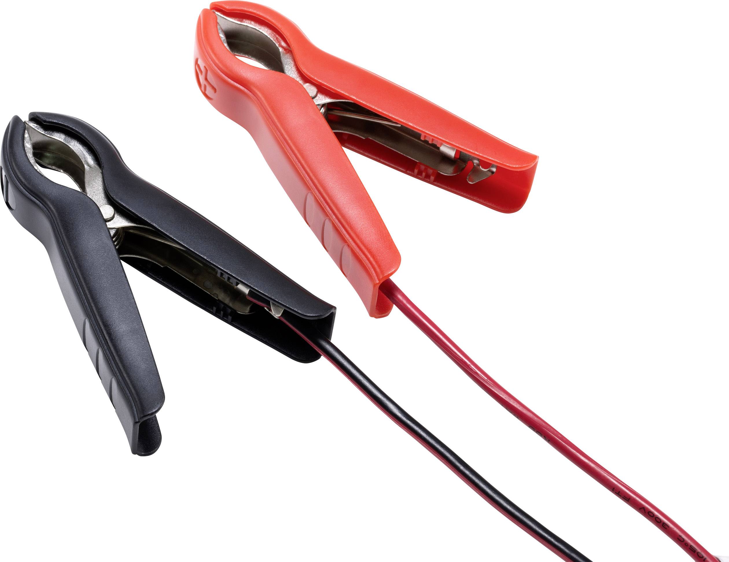 Rote und schwarze Krokodilklemmen mit daran befestigten Kabeln, üblicherweise zum Anschluss an Autobatterien verwendet.