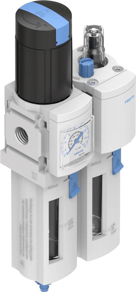 Ein Druckluft-Wartungsgerät mit Manometer und Druckregler verbindet zwei Module; ein Zylinder mit blauem Hebel und schwarzer Kappe.