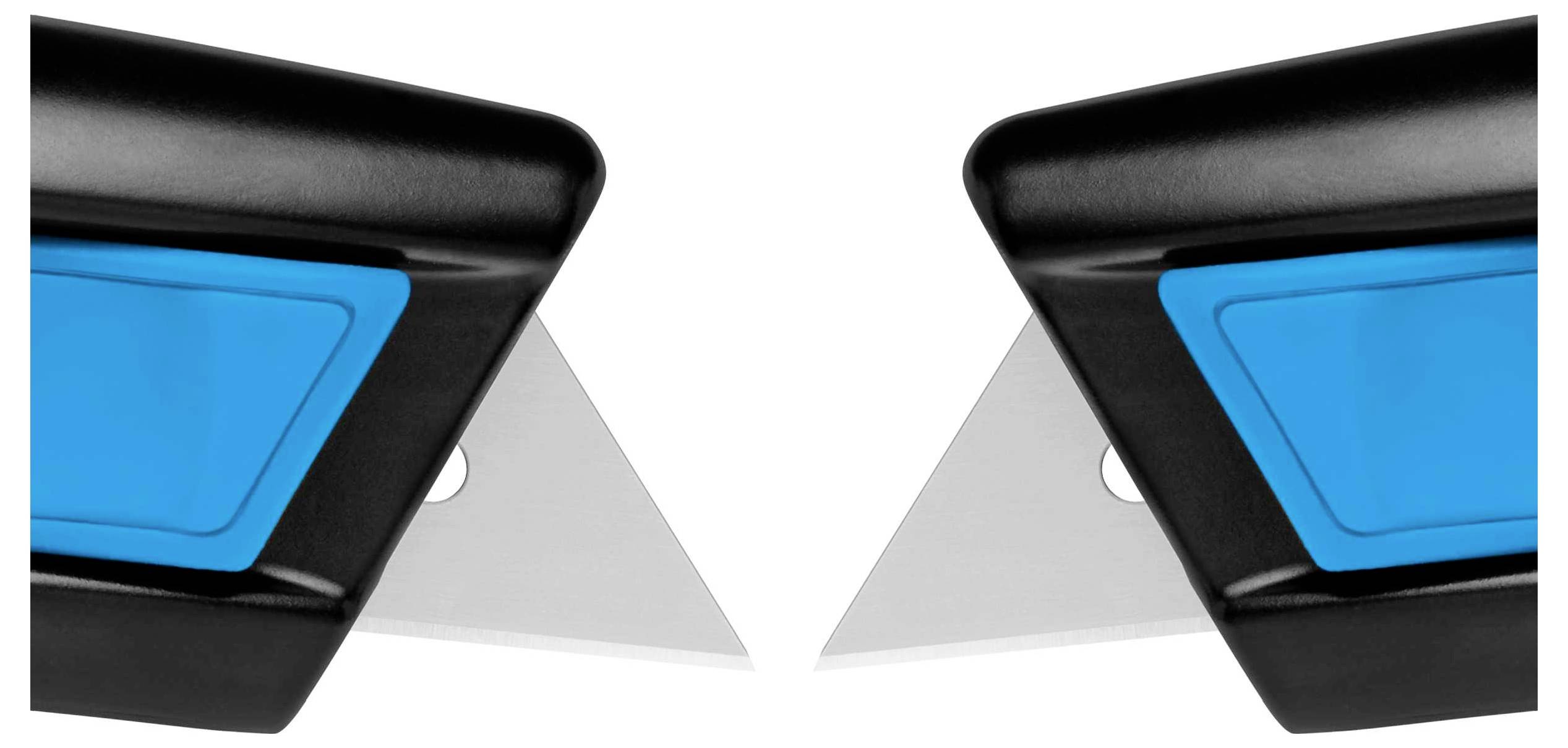 Zwei schwarze und blaue Cutter mit ausgefahrenen Klingen, die sich spiegeln.