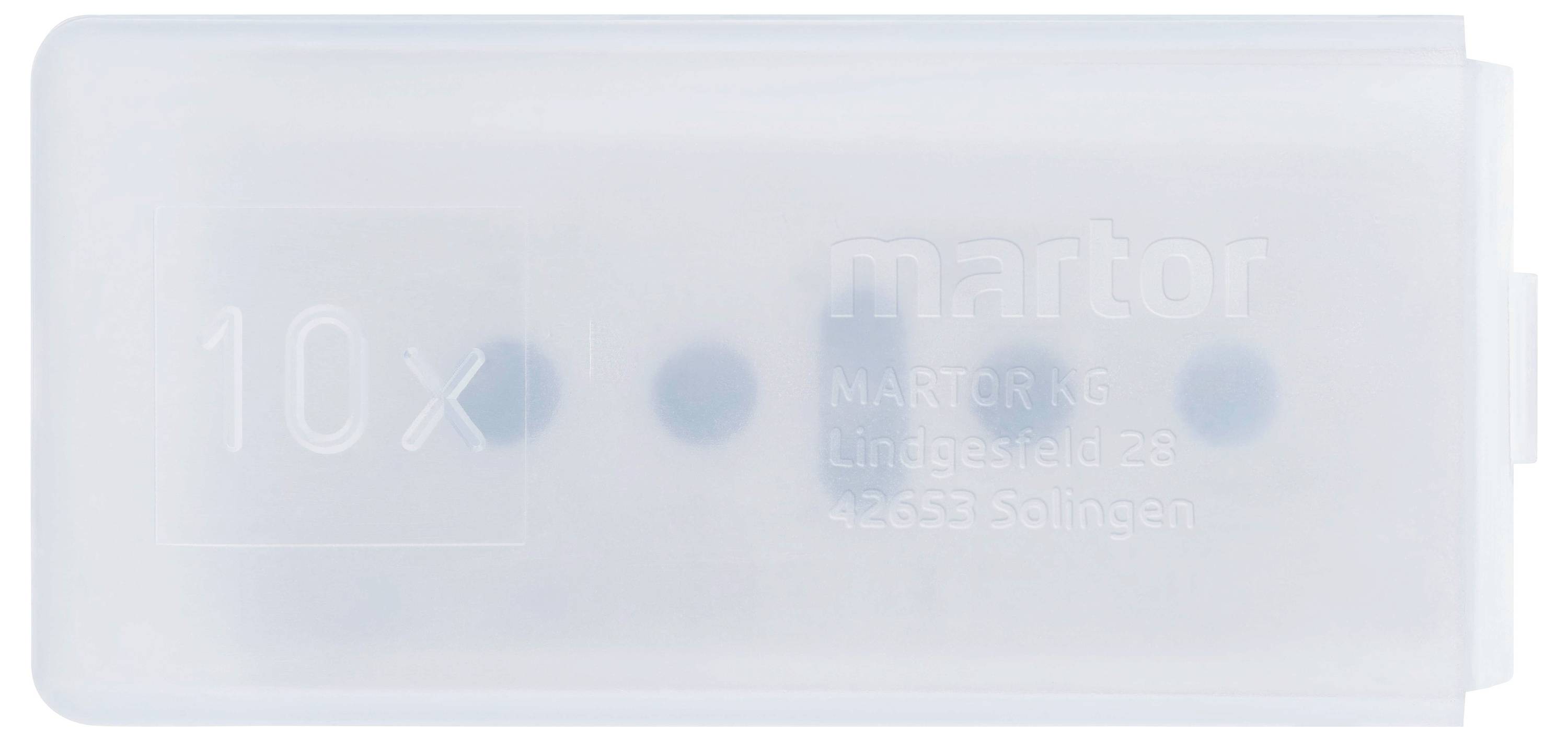 Plastikbox mit Aufschrift '10x', enthält Ersatzklingen. Herstellername und Adresse sind erkennbar.