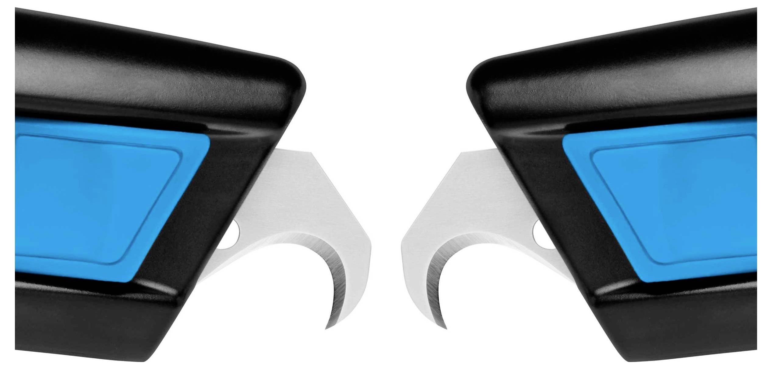 Zwei identische Sicherheitsklingen aus Metall mit schwarzem und blauem Griff zeigen sich spiegelbildlich aneinander.