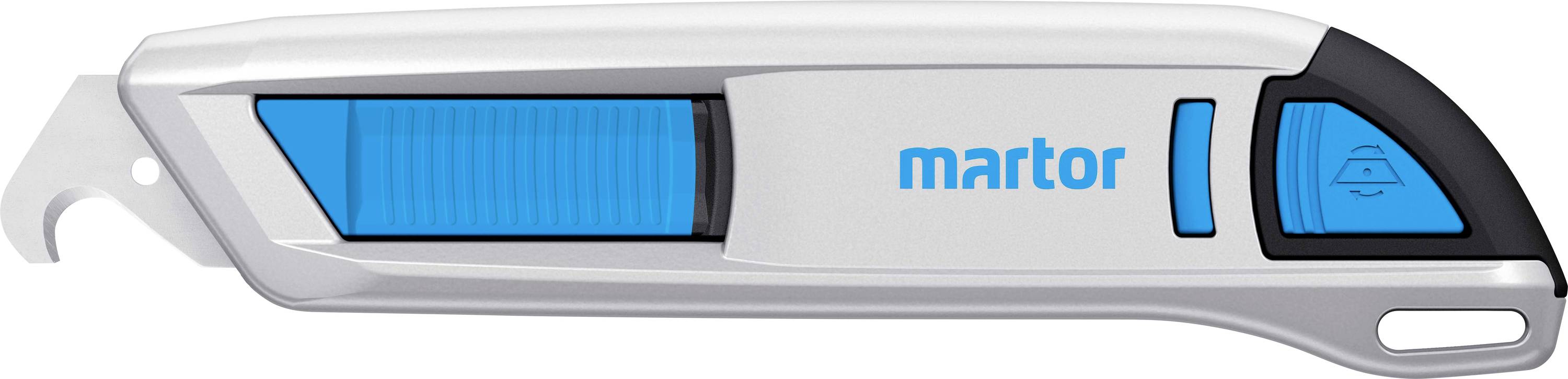 Graumesser mit blauem Einsatz, Aufschrift 'martor' sichtbar. Design umfasst Öffnungen und Griffelemente.