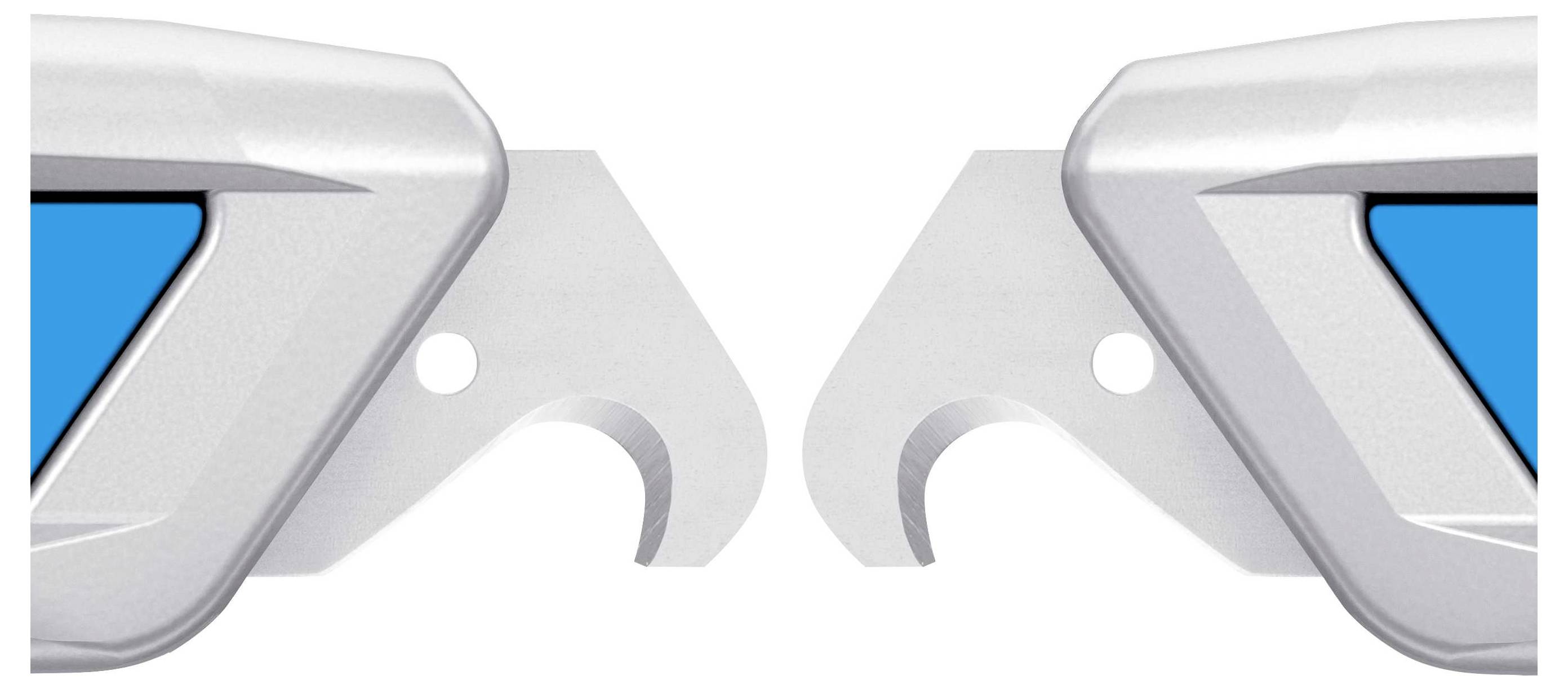 Zwei symmetrische, stilisierte Haken aus Metall, zeigen einander zu. Blau hinterlegte Flächen sind in die Formen integriert.