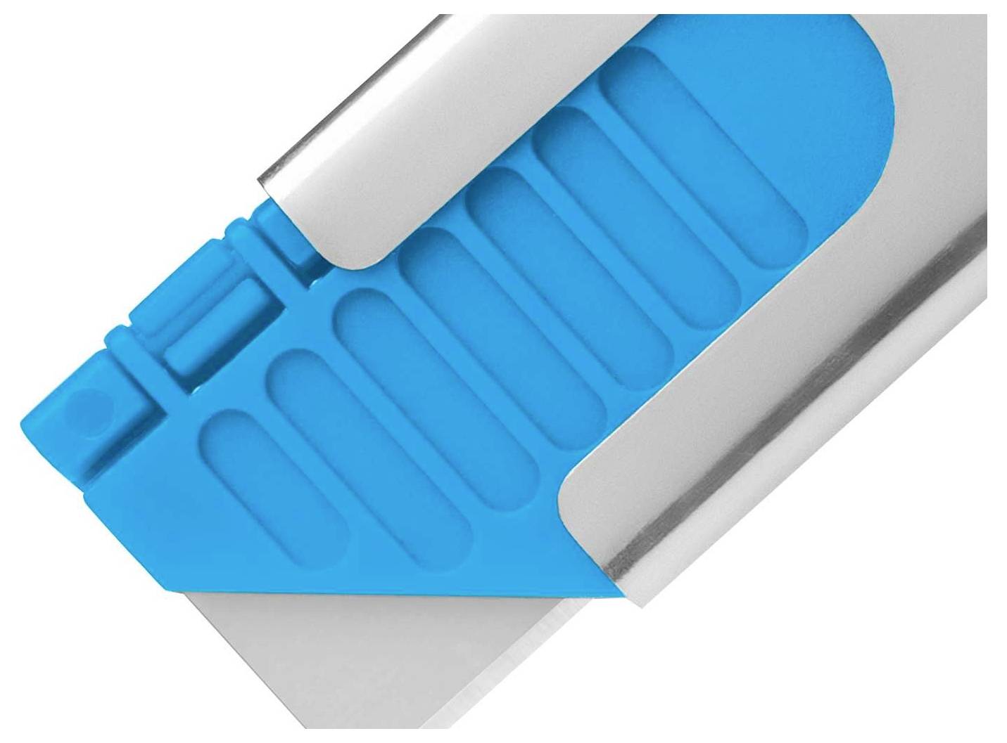 Eine Nahaufnahme eines silbernen und blauen Teppichmessers, bei dem die blaue Klinge teilweise aus dem Gehäuse herausragt.