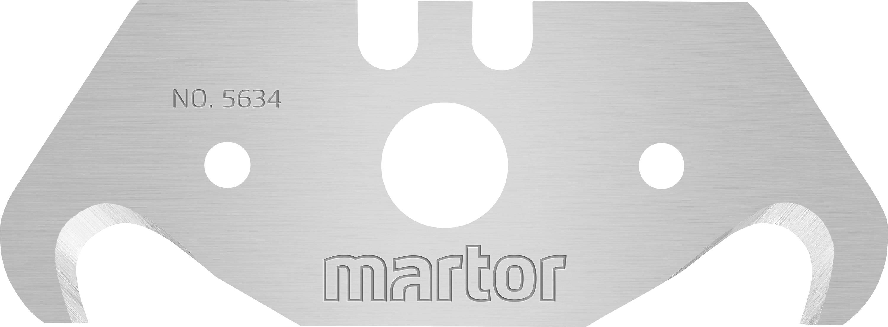 Doppelklingenmesser mit Aufschrift 'martor' und 'No. 5634', geeignet für präzises Schneiden. Silbernes Metall, symmetrisches Design.