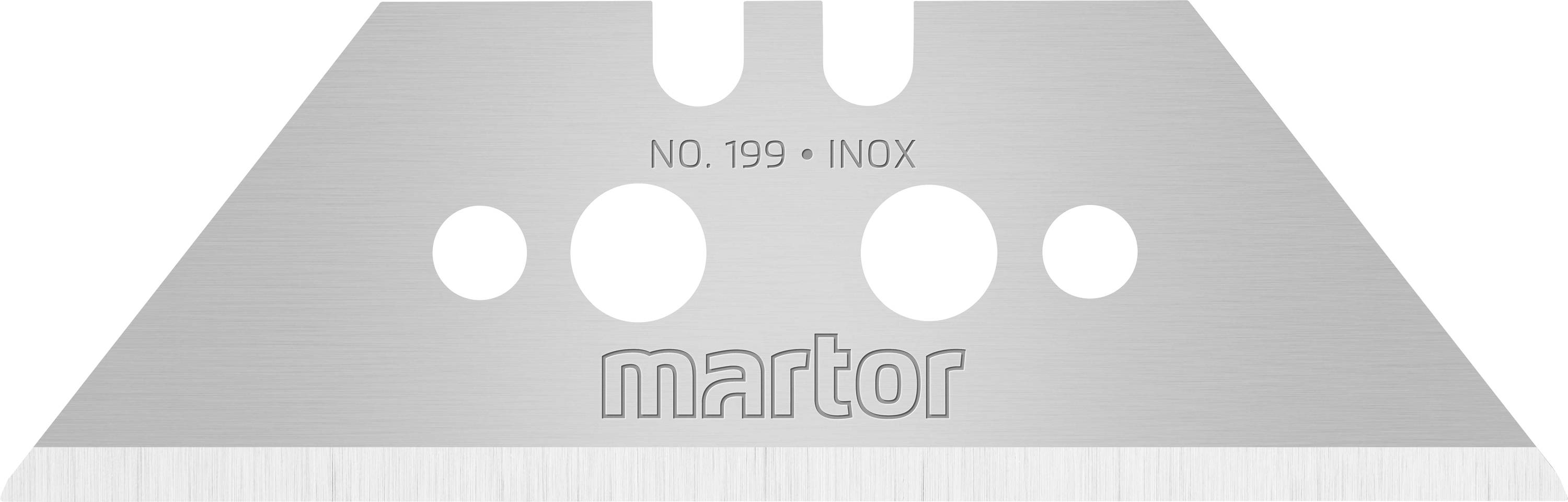 Klingenaufsatz mit der Aufschrift 'NO. 199 • INOX'. Flaches, dreieckiges Design mit mehreren runden Aussparungen und der Marke 'martor'.