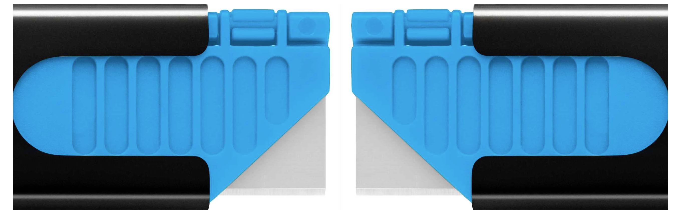 Zwei blaue und schwarze Kantenschneider mit sichtbaren Klingen und ergonomischem Griffdesign, nebeneinander angeordnet.
