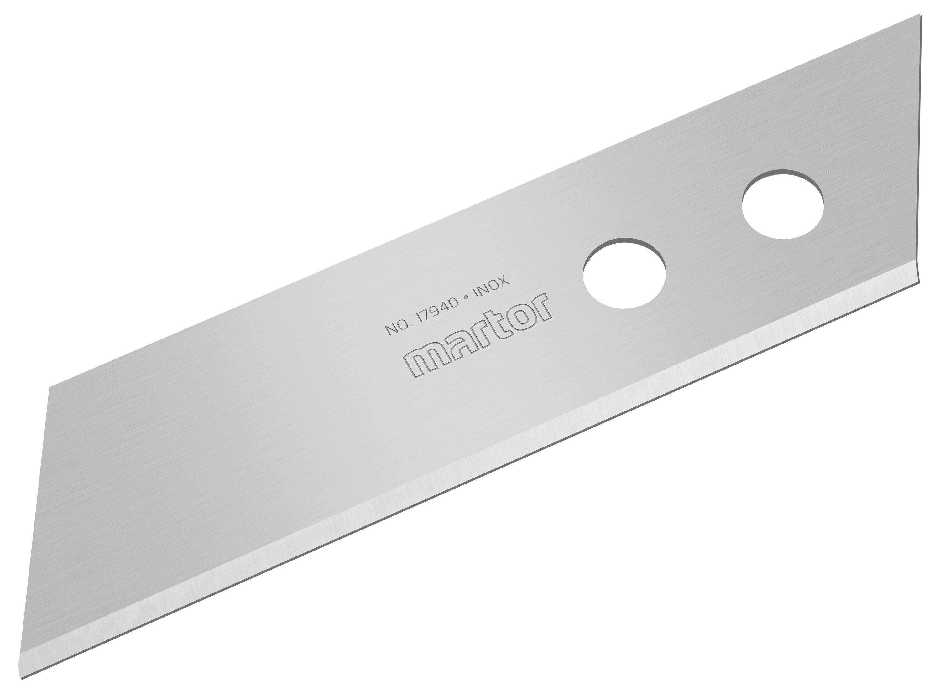 Ein silbernes Ersatzklingenmesser von Martor mit zwei Löchern und der Aufschrift 'NO. 17940 INOX'.