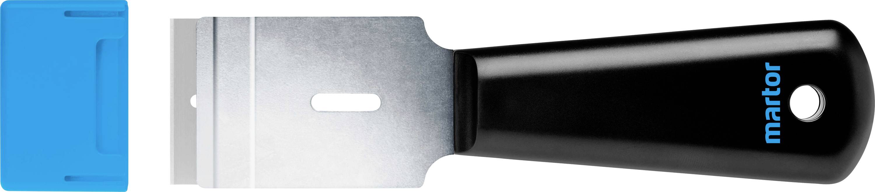 Ein schwarzer Schaber mit einer austauschbaren Klinge und einem blauen Klingenschutz. Das Martor-Logo ist auf dem Griff zu sehen.