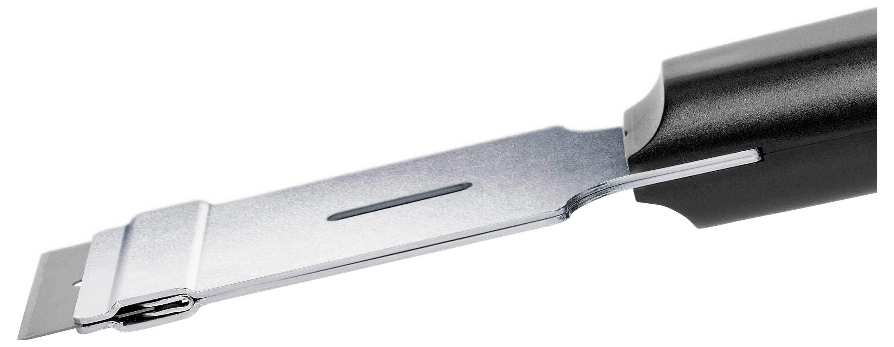 Schlanke Metallklinge mit schwarzem Griff, verwendet zum Entfernen von Nägeln oder Klammern in handwerklichen Arbeiten.