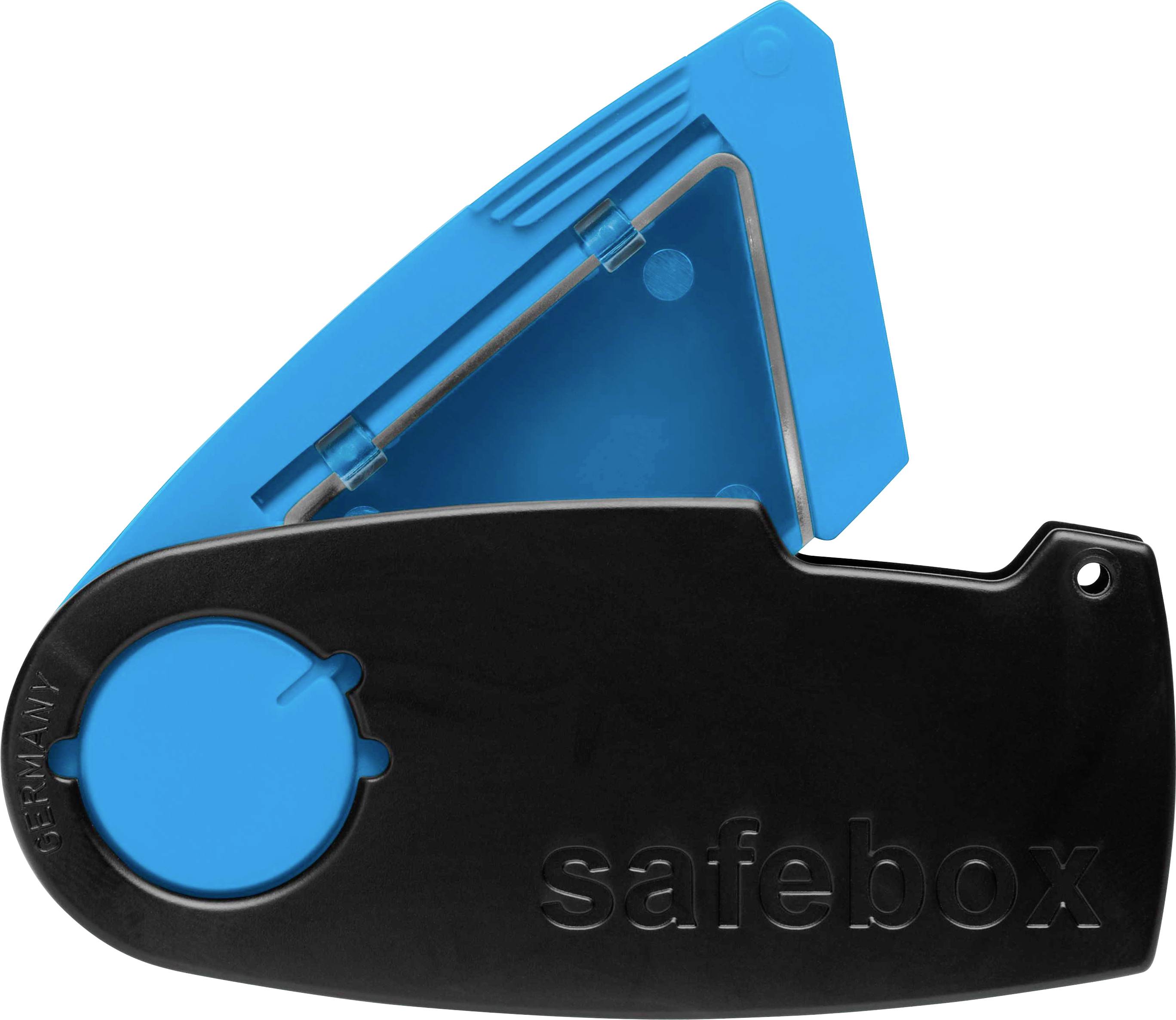 Ein schwarzer Safebox-Kartenhalter mit blauer Klappe, der Schutz und Aufbewahrung bietet.