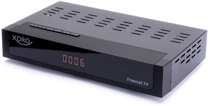 Ein schwarzer DVB-T2 Receiver mit digitaler Anzeige '0006' auf der Vorderseite, Marke Xoro, mit Lüftungsschlitzen auf der Oberseite.