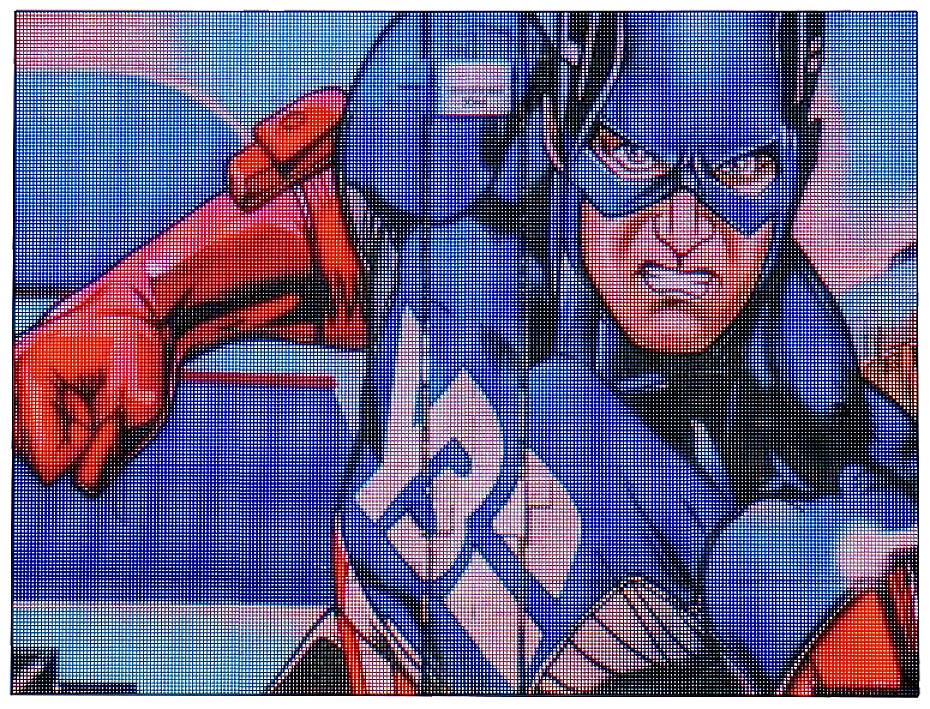 Ein Superheld in blauem Anzug mit Sternmotiv, rotem Umhang und Maske in kämpferischer Pose vor einem blauen Hintergrund.