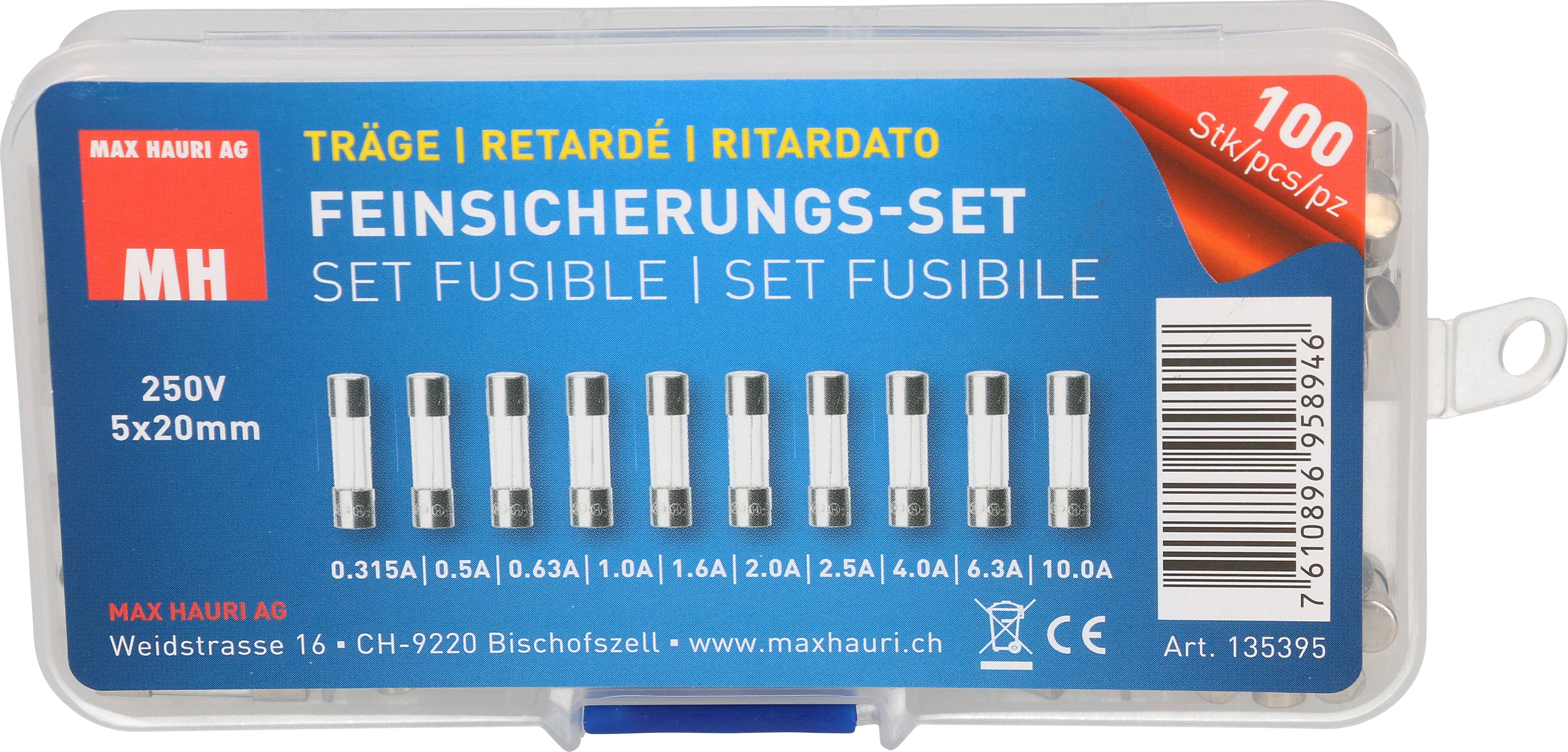 'Feinsicherungs-Set' mit 10 Sicherungen, 250V, 5x20mm, verschiedenen Amperezahlen. Verpackung mit rotem, blauem und weißem Design.
