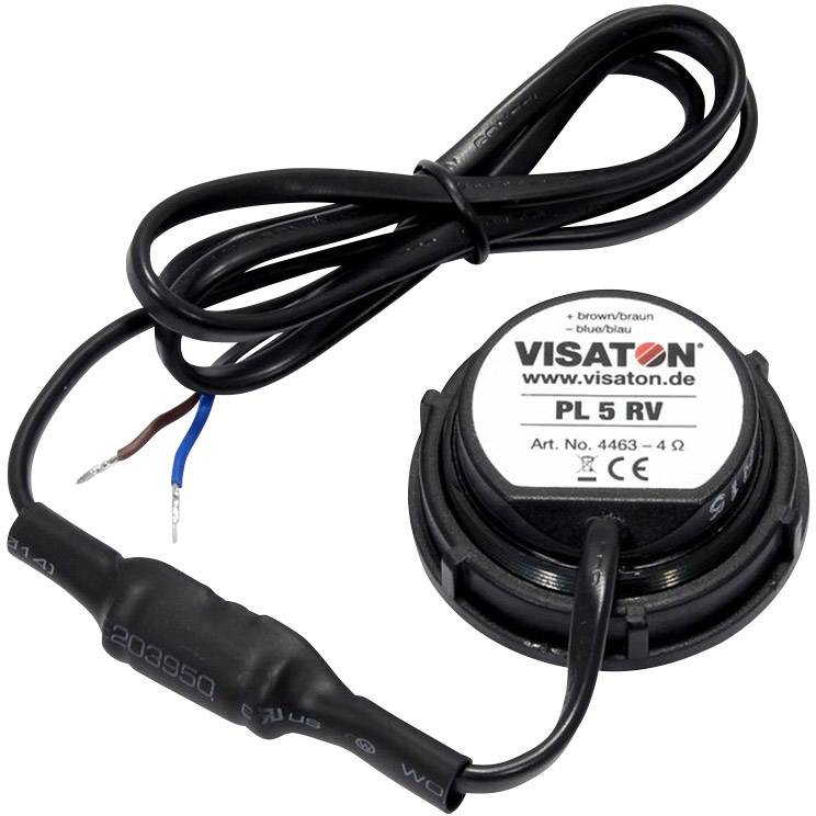 Lautsprecher von Visaton mit Modellnummer PL 5 RV, verbunden mit einem schwarzen Kabel. Geeignet für Audioanwendungen, Impedanz 4 Ohm.