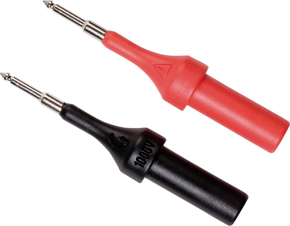 Rote und schwarze Multimeter-Prüfspitzen: Eine rote positive und eine schwarze negative Spitze, beide isoliert.