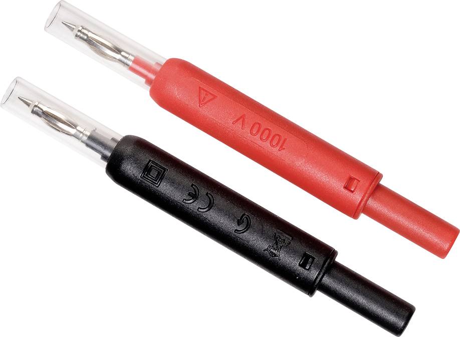 Zwei Prüfstifte, einer rot mit '1000 V' Beschriftung, einer schwarz, beide mit transparenten Kappen. Sie sind für elektrische Messungen.