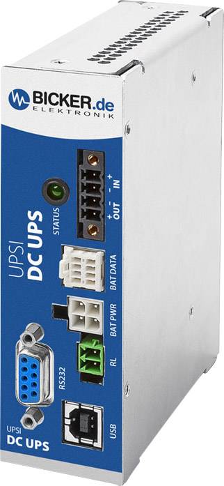 USV-Modul mit blauem Etikett, zeigt Anschlüsse für RS232, USB und Batterie. Für Gleichstrom-Stromversorgungssysteme konzipiert.