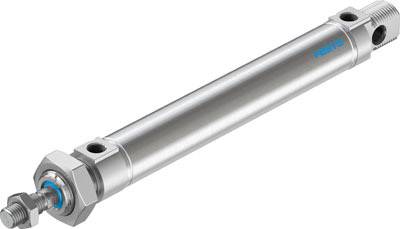 Ein pneumatischer Zylinder in metallischem Silber mit Montagegewinden an beiden Enden, verwendet für lineare Bewegungen in Maschinen.