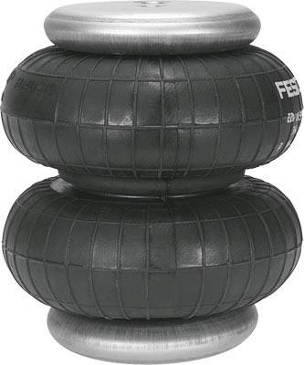 Zwei schwarze Luftfederbälge in vertikaler Anordnung, jeweils mit runden Metallscheiben an beiden Enden.