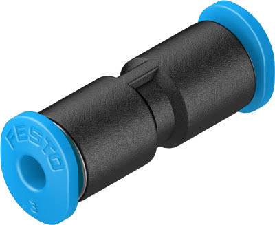 Gerader Steckverbinder mit blauen Endkappen, geeignet für pneumatische Anwendungen, zur sicheren Verbindung von Schläuchen.